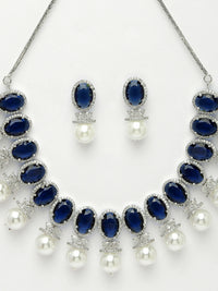 Thumbnail for NVR Women's Silver-Plated Blue American Diamond Studded Handcrafted Jewellery Set - Distacart
