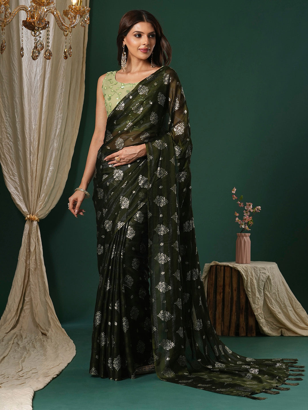 NOZ2TOZ Women's Chiffon Light Green Printed Designer Saree With Blouse Piece - Distacart