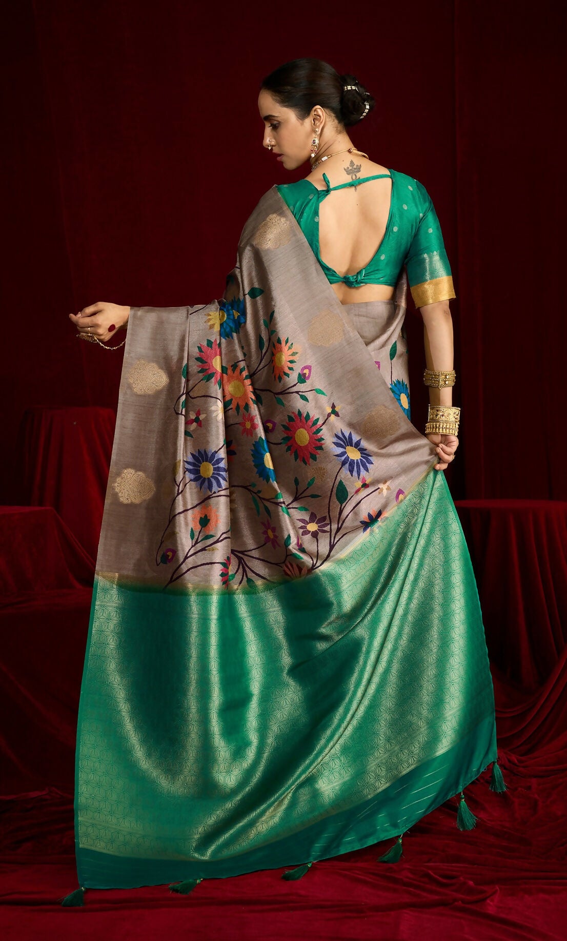 Joban Fashion Greensoft Silk Weaving Fabric With Digital Jamdani Print With Jacquard Rich Pallu & Blouse With Spring Tassels