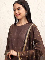 Thumbnail for Vishudh Brown Ethnic Motifs Printed Keyhole Neck Straight Kurta With Palazzos & Dupatta