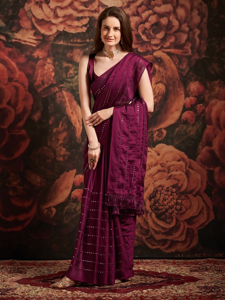 Anouk Magenta Embellished Mirror Work Pure Georgette Saree - Distacart