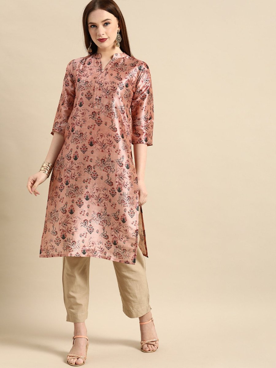 All About You Women Dusty Pink Floral Block Print Chanderi Silk Blend Straight Kurta - Distacart