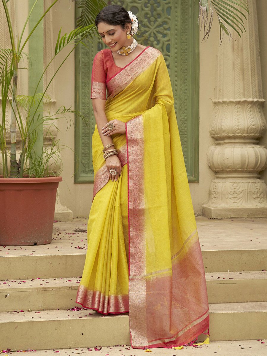 Anouk Yellow & Red Zari Tussar Silk Saree - Distacart