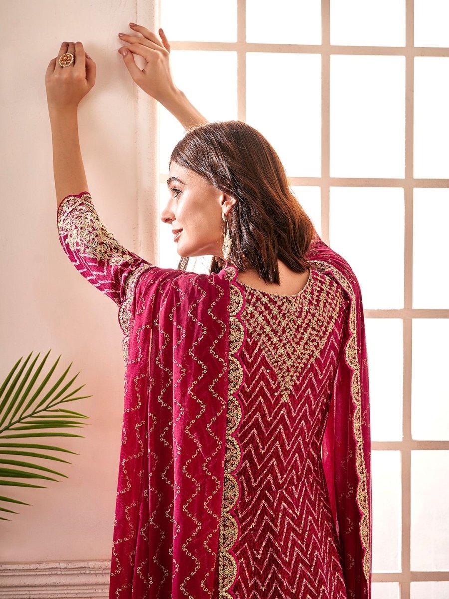 Anouk Maroon Chevron Embroidered Empire Thread Work Anarkali Kurta & Trousers & Dupatta