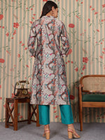Thumbnail for Ode by House of Pataudi Mandarin Collar Printed Regular Chanderi Silk Straight Kurta Set - Distacart