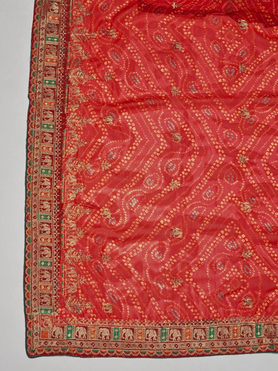 Anouk Red & Green Printed & Embroidered Pure Georgette Bandhani Saree - Distacart