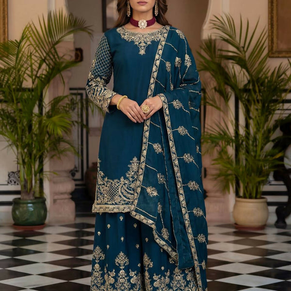 Teeya Creation Teal Chinon Silk Designer Wedding Wear Embroidery Work Palazzo - Distacart
