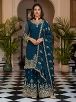 Thumbnail for Teeya Creation Teal Chinon Silk Designer Wedding Wear Embroidery Work Palazzo - Distacart