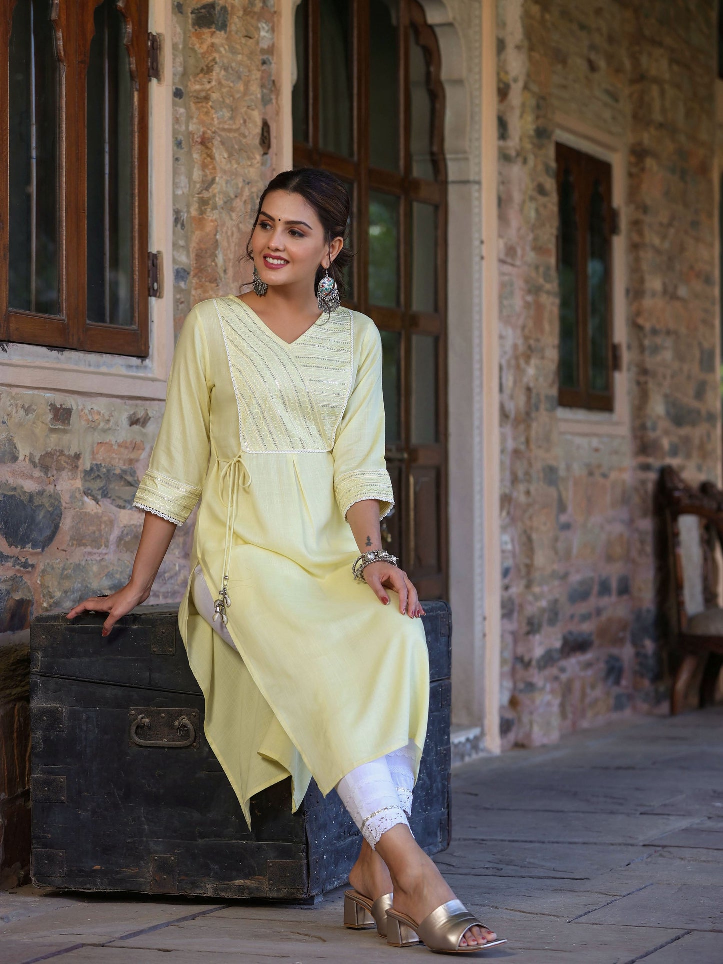 Juniper Women's Lemon Rayon Slub Solid Embroidered Straight Kurta - Distacart