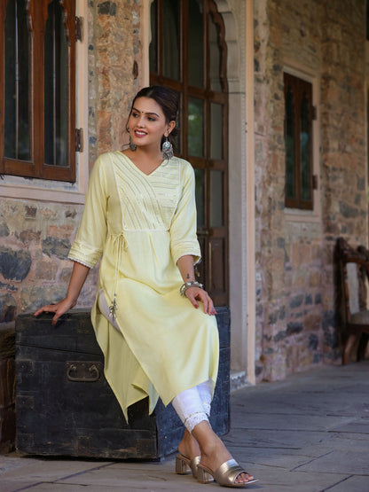 Juniper Women's Lemon Rayon Slub Solid Embroidered Straight Kurta - Distacart