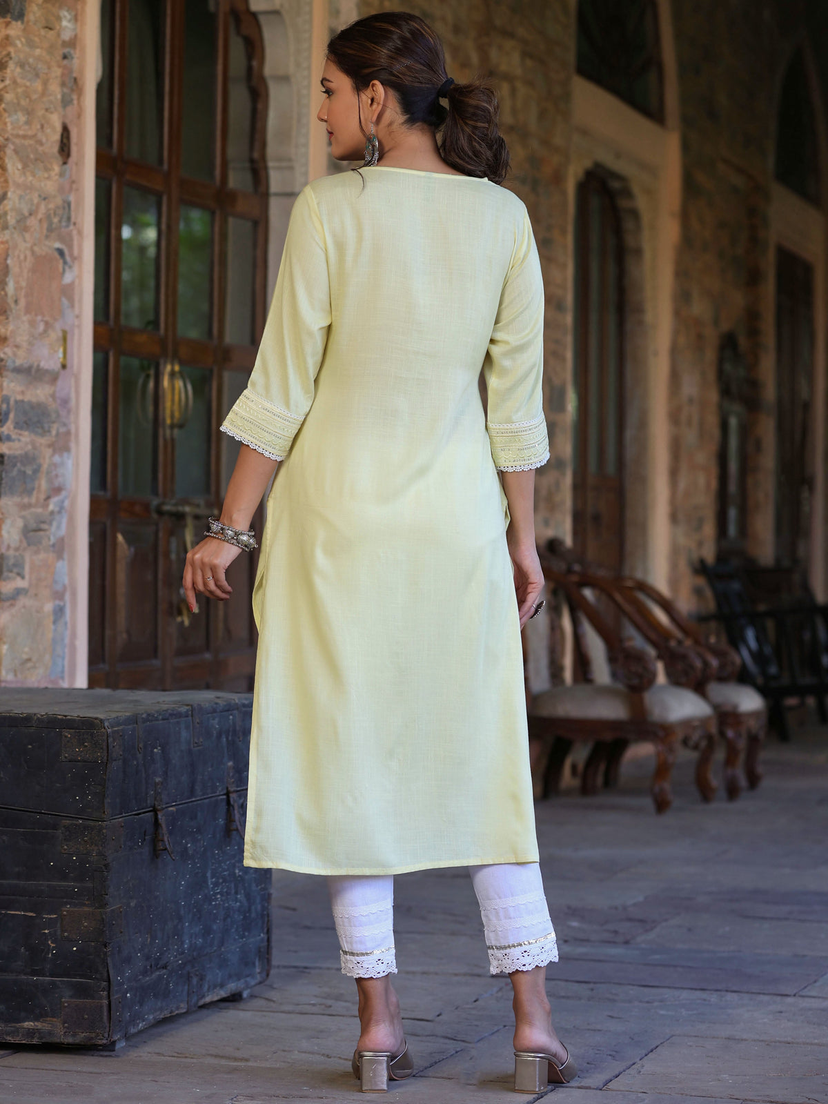 Juniper Women's Lemon Rayon Slub Solid Embroidered Straight Kurta - Distacart