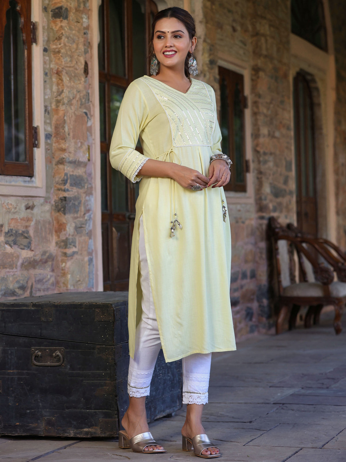 Juniper Women's Lemon Rayon Slub Solid Embroidered Straight Kurta - Distacart