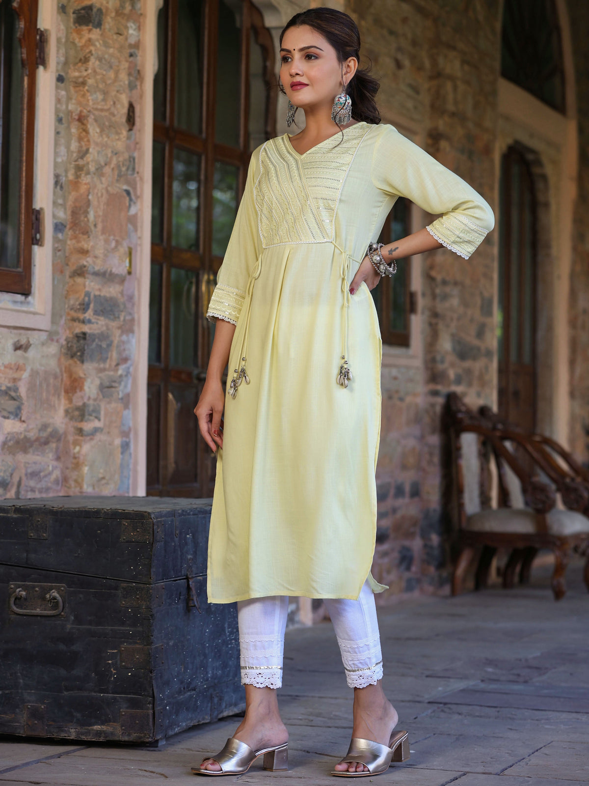 Juniper Women's Lemon Rayon Slub Solid Embroidered Straight Kurta - Distacart