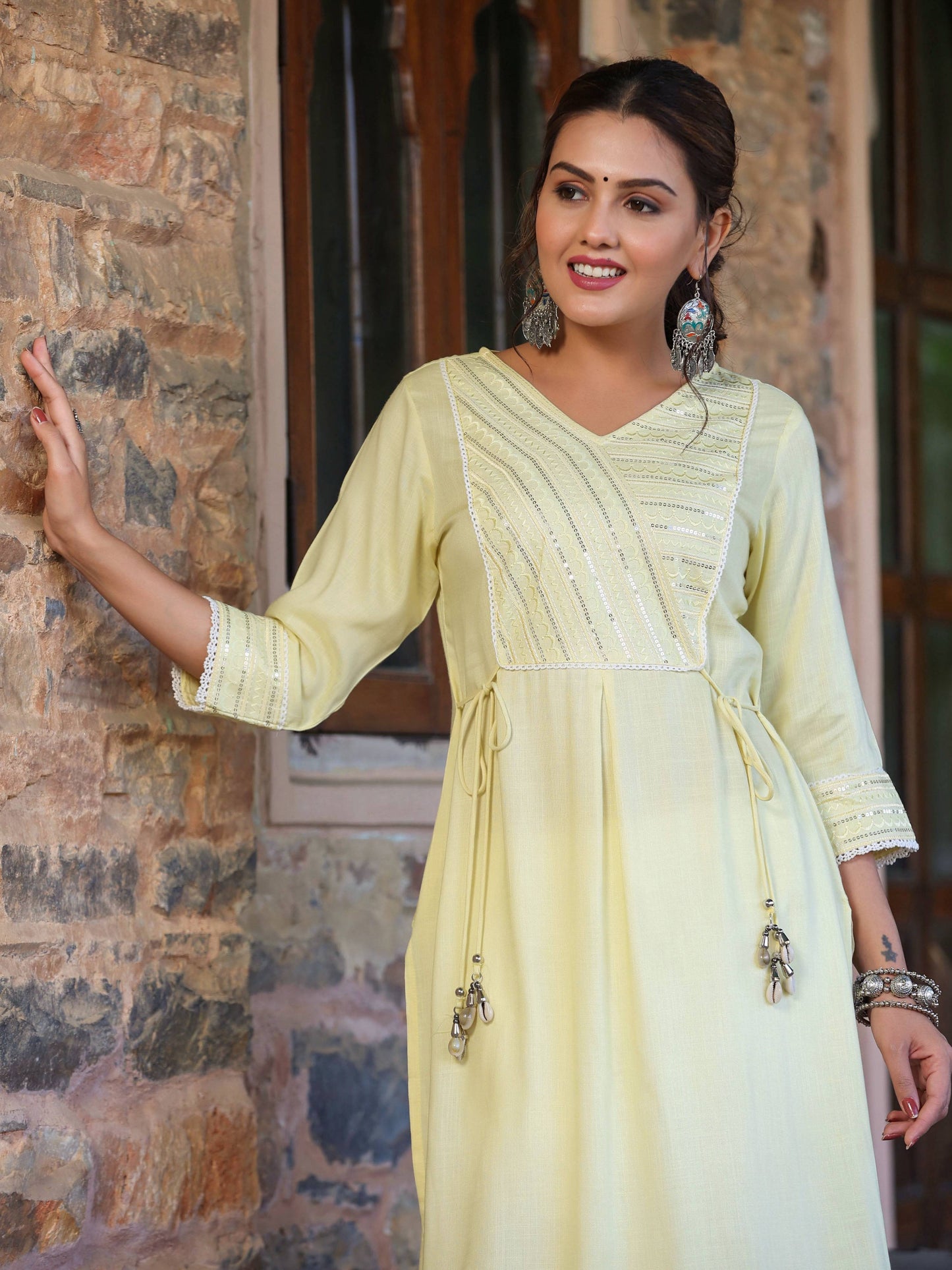 Juniper Women's Lemon Rayon Slub Solid Embroidered Straight Kurta - Distacart