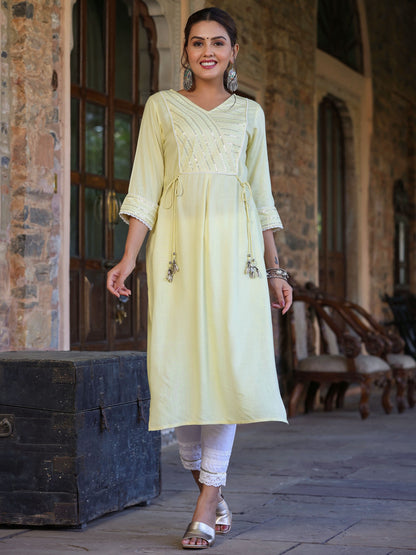 Juniper Women's Lemon Rayon Slub Solid Embroidered Straight Kurta - Distacart