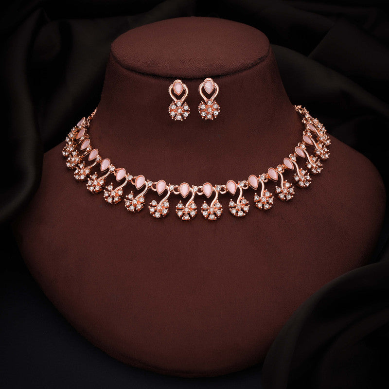 Tehzeeb Creations Rose Gold-Polished Baby Pink Choker Necklace With Dangle Earrings - Distacart