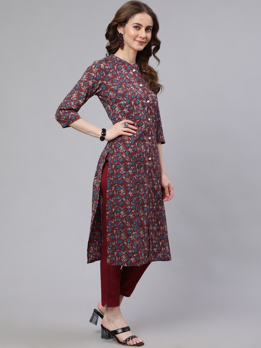 Aks Floral Printed Mandarin Collar Pure Cotton Kurta with Trousers - Distacart