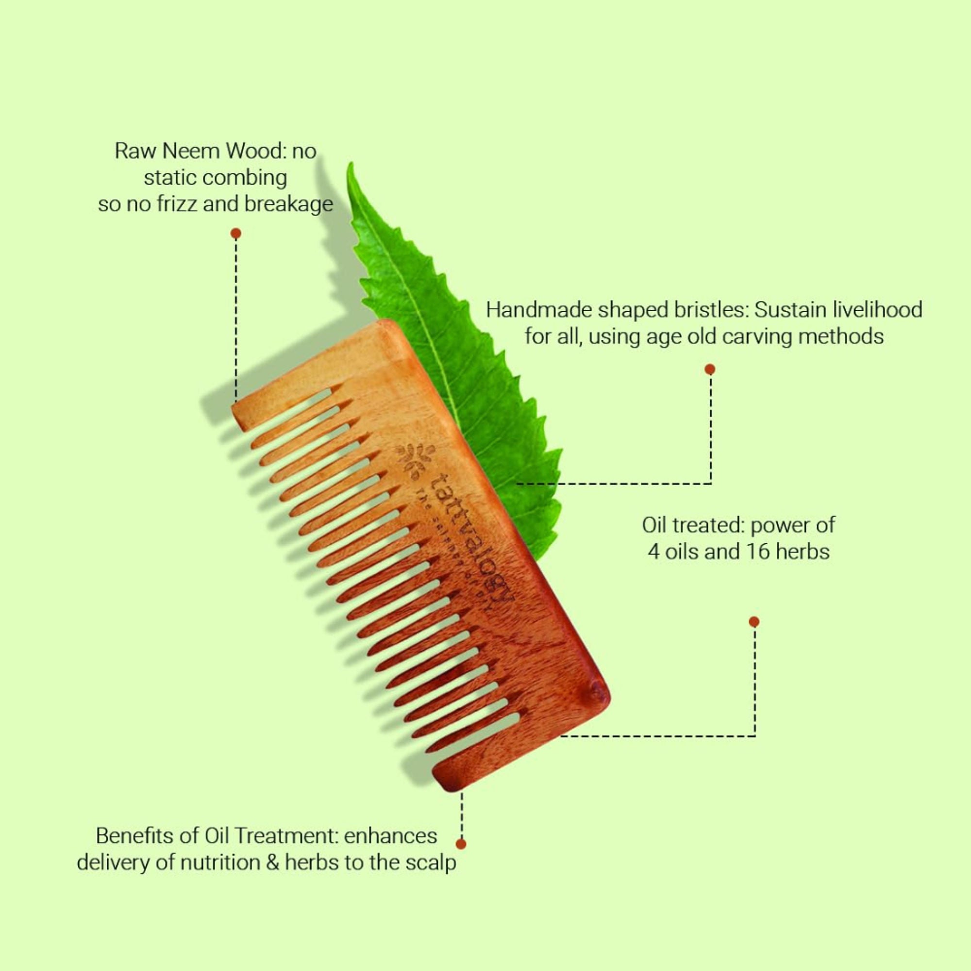 Tattvalogy Raw Neem Comb-Wide toothed, Boosts Blood Circulation, Hair Growth & Reduces Scalp Issues - Distacart