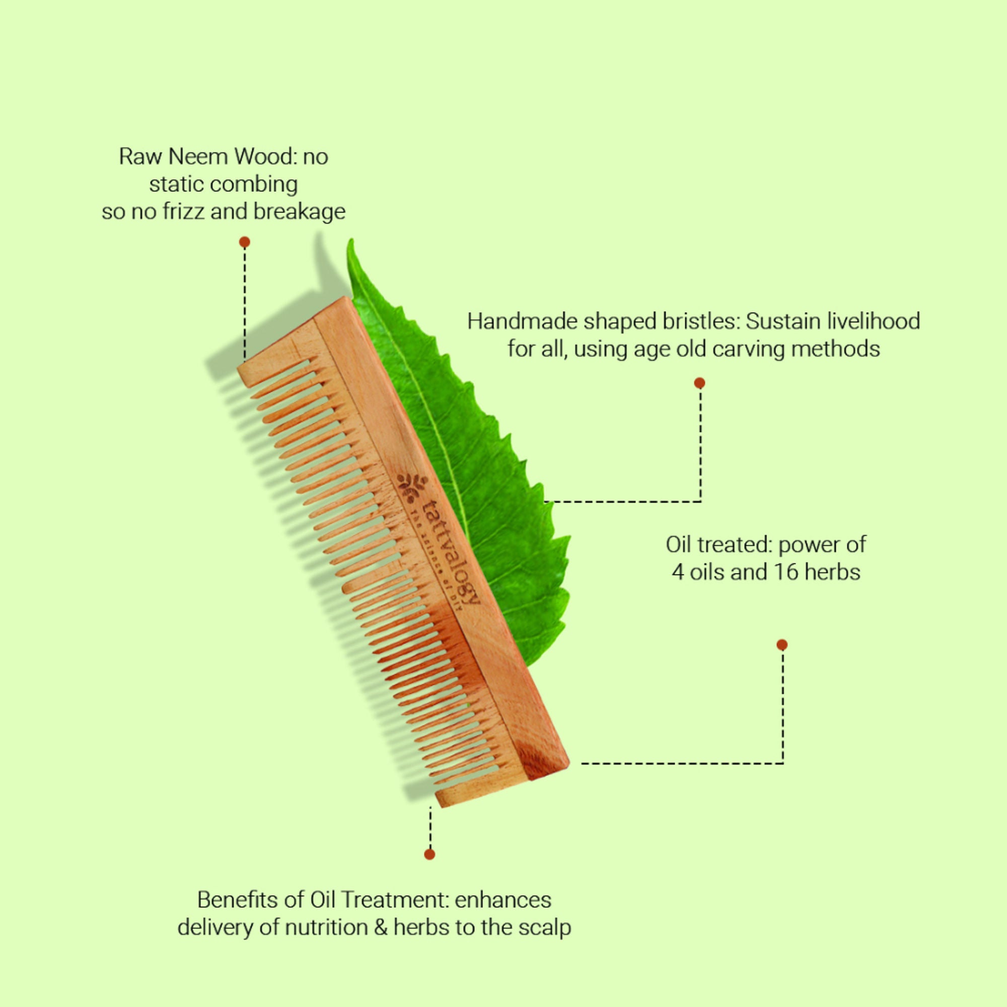 Tattvalogy Raw Neem Comb-Double toothed, Boosts Blood Circulation,Hair Growth & Reduces Scalp Issues - Distacart