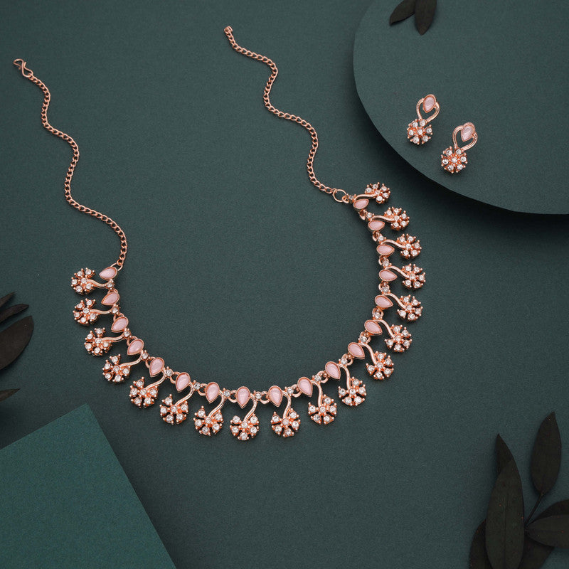 Tehzeeb Creations Rose Gold-Polished Baby Pink Choker Necklace With Dangle Earrings - Distacart