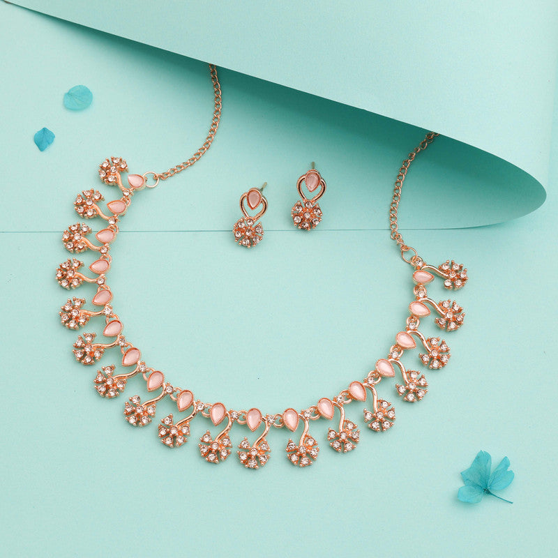 Tehzeeb Creations Rose Gold-Polished Baby Pink Choker Necklace With Dangle Earrings - Distacart