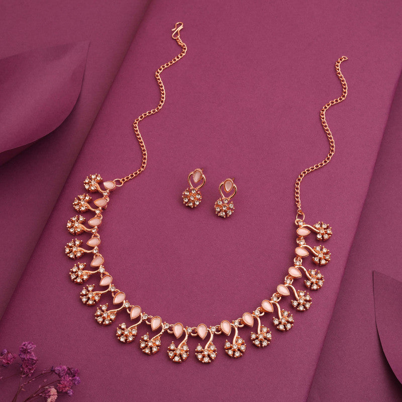 Tehzeeb Creations Rose Gold-Polished Baby Pink Choker Necklace With Dangle Earrings - Distacart