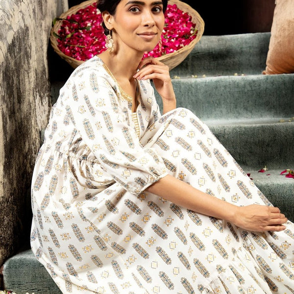 AURELIA Off White & Gold-Toned Printed Ethnic Midi Fit & Flared Dress - Distacart