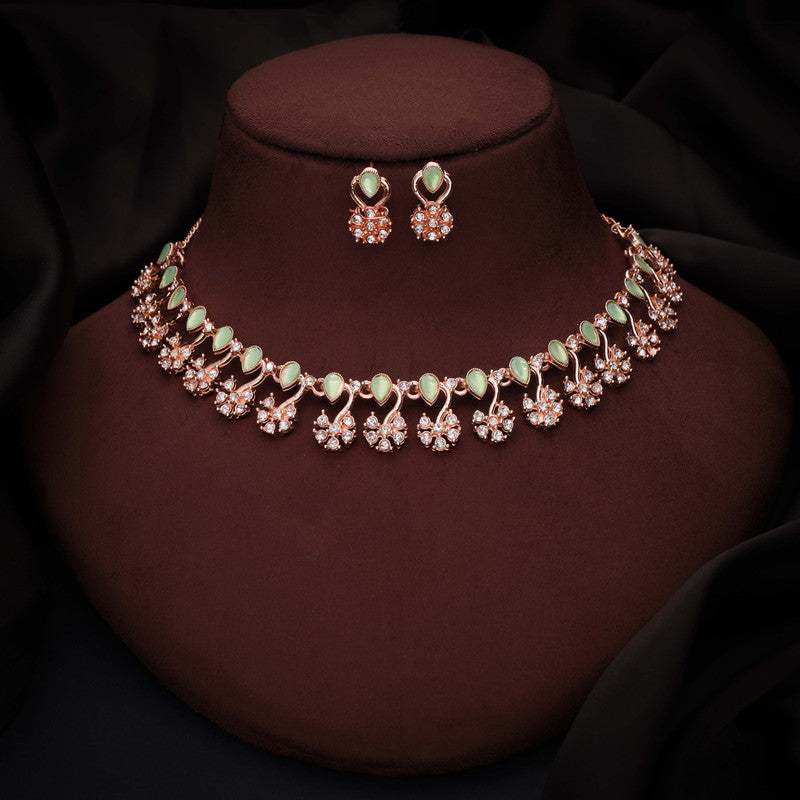 Tehzeeb Creations Rose Gold-Polished Sea Green Choker Necklace With Dangle Earrings - Distacart
