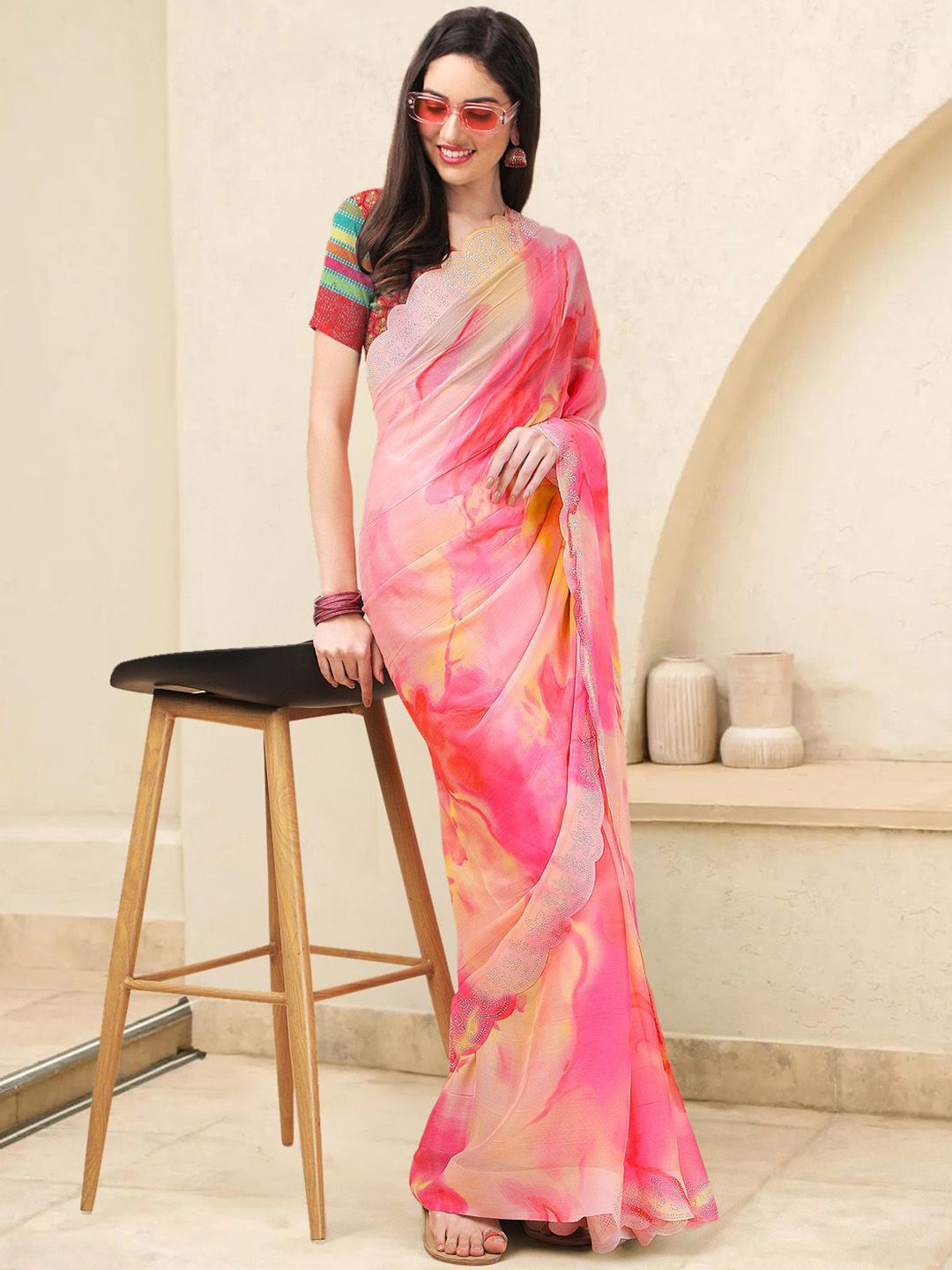 Mitera Tie and Dye Beads and Stones Ready to Wear Saree - Distacart