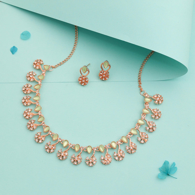 Tehzeeb Creations Rose Gold-Polished Sea Green Choker Necklace With Dangle Earrings - Distacart