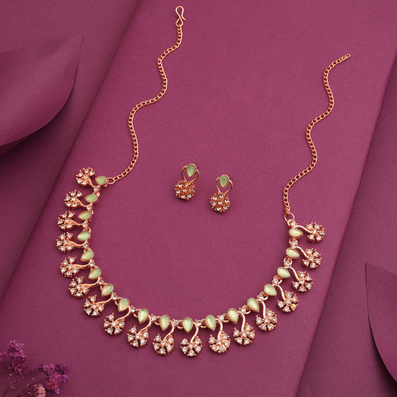 Tehzeeb Creations Rose Gold-Polished Sea Green Choker Necklace With Dangle Earrings - Distacart
