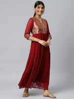 Thumbnail for AURELIA Maroon & Gold Printed Ethnic Motifs Maxi Dress