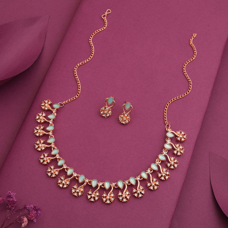 Tehzeeb Creations Rose Gold-Polished Sky Blue Choker Necklace With Dangle Earrings - Distacart