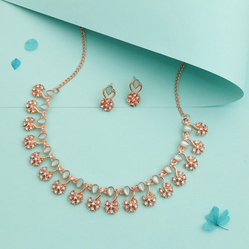 Tehzeeb Creations Rose Gold-Polished Sky Blue Choker Necklace With Dangle Earrings - Distacart