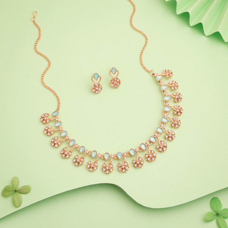 Tehzeeb Creations Rose Gold-Polished Sky Blue Choker Necklace With Dangle Earrings - Distacart