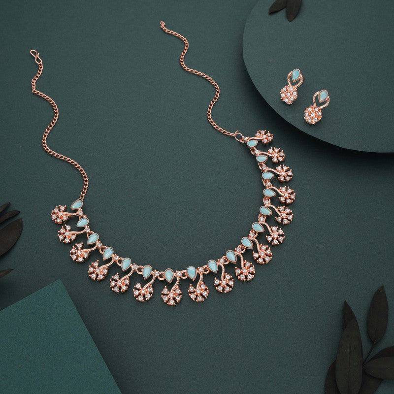 Tehzeeb Creations Rose Gold-Polished Sky Blue Choker Necklace With Dangle Earrings - Distacart