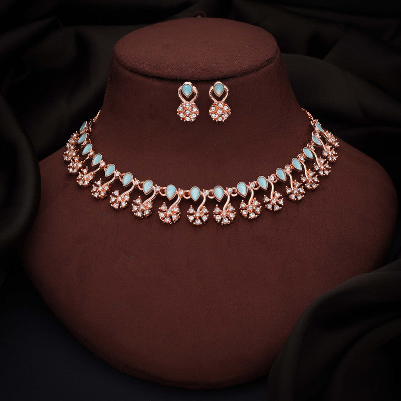Tehzeeb Creations Rose Gold-Polished Sky Blue Choker Necklace With Dangle Earrings - Distacart