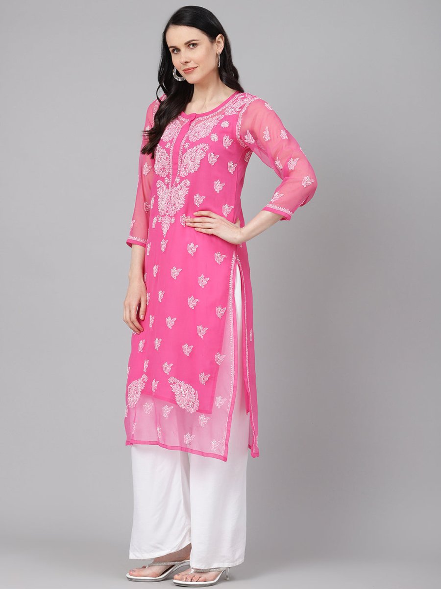 ADA Women Pink & White Sheer Chikankari Embroidered Straight Handloom Kurta with Inner - Distacart