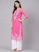 Thumbnail for ADA Women Pink & White Sheer Chikankari Embroidered Straight Handloom Kurta with Inner - Distacart