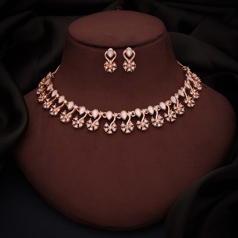 Tehzeeb Creations Rose Gold-Polished White Choker Necklace With Dangle Earrings - Distacart