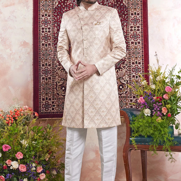 Raivat Ethnic Banarasi Jacquard Embroidery Indo Western Sherwani In Beige Colour - Distacart