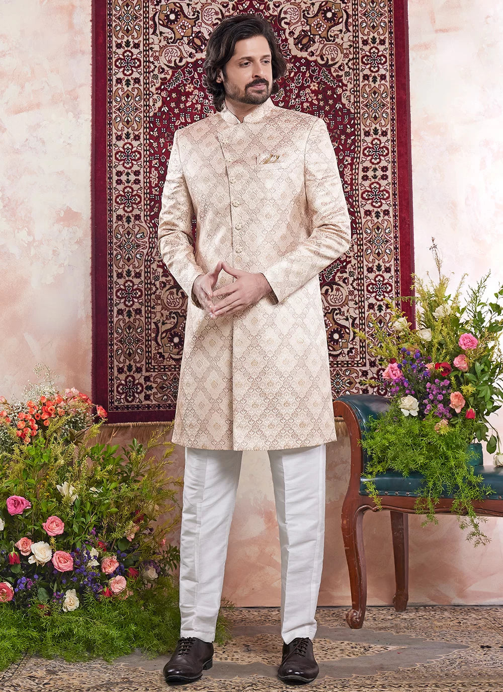 Raivat Ethnic Banarasi Jacquard Embroidery Indo Western Sherwani In Beige Colour