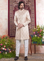 Thumbnail for Raivat Ethnic Banarasi Jacquard Embroidery Indo Western Sherwani In Beige Colour - Distacart