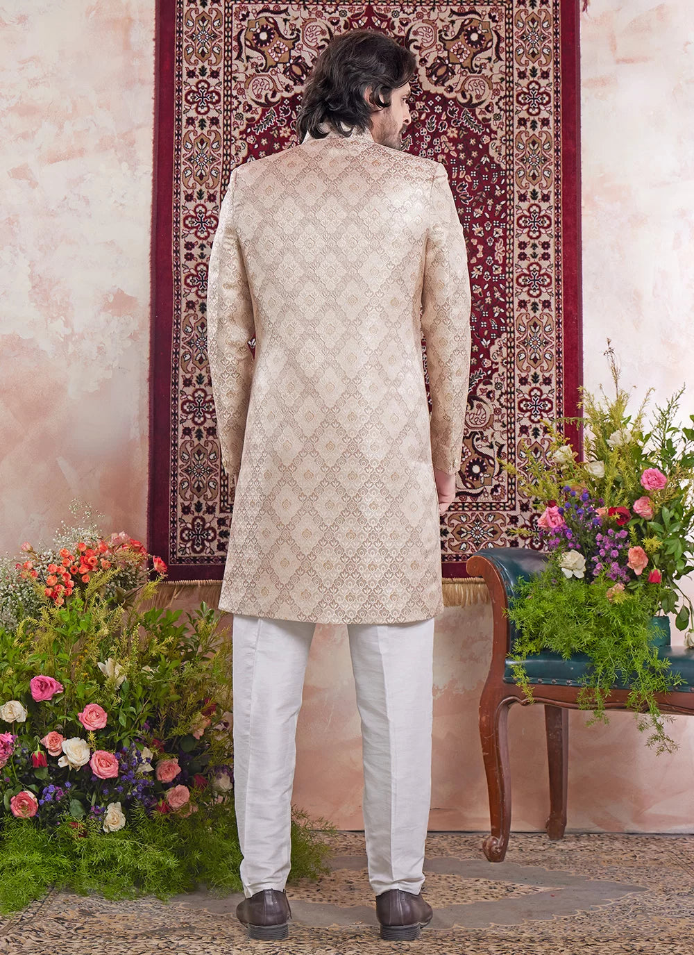 Raivat Ethnic Banarasi Jacquard Embroidery Indo Western Sherwani In Beige Colour - Distacart
