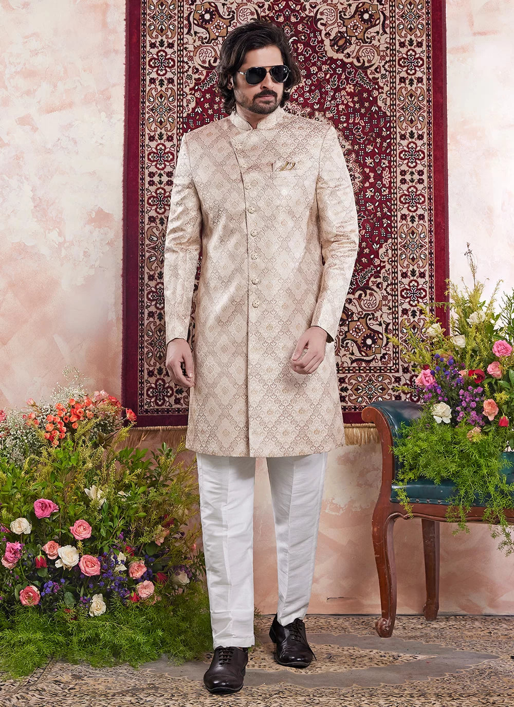 Raivat Ethnic Banarasi Jacquard Embroidery Indo Western Sherwani In Beige Colour - Distacart