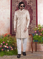 Thumbnail for Raivat Ethnic Banarasi Jacquard Embroidery Indo Western Sherwani In Beige Colour - Distacart