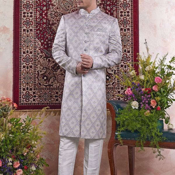Raivat Ethnic Banarasi Jacquard Embroidery Indo Western Sherwani In Grey Colour - Distacart