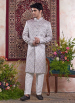 Thumbnail for Raivat Ethnic Banarasi Jacquard Embroidery Indo Western Sherwani In Grey Colour - Distacart