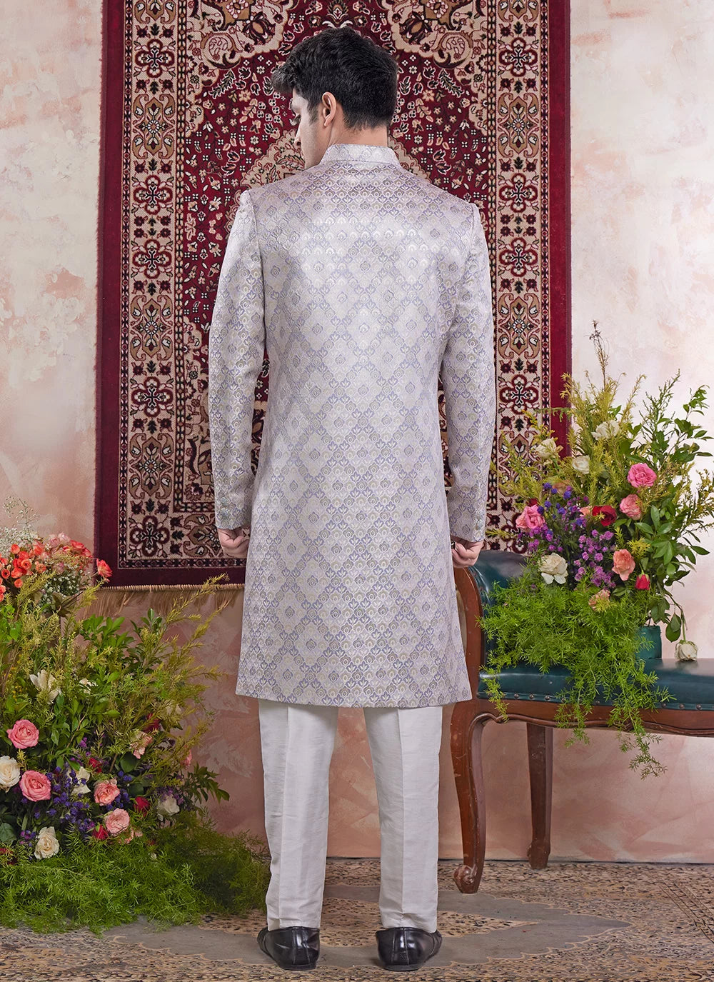 Raivat Ethnic Banarasi Jacquard Embroidery Indo Western Sherwani In Grey Colour - Distacart