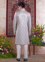 Thumbnail for Raivat Ethnic Banarasi Jacquard Embroidery Indo Western Sherwani In Grey Colour - Distacart